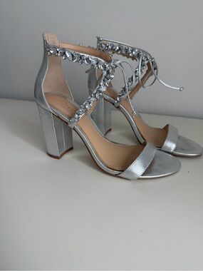 Badgley Mischka Silver Crystal Lace-Up Block Heel Sandals